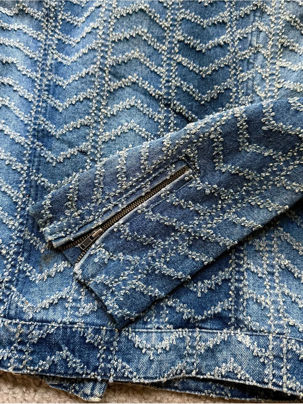 Free People Chevron Textured Denim Moto Jacket XS Rare Vintage